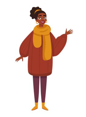 Sonbahar kıyafetleri içinde siyah bir kadın. Sonbahar, sonbahar. Düz vektör clipart, izole edilmiş arkaplan ile illüstrasyon.