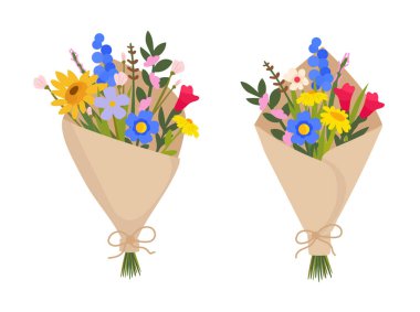 Bir buket yabani çiçek. Sonbahar, sonbahar. Düz vektör clipart, izole edilmiş arkaplan ile illüstrasyon.