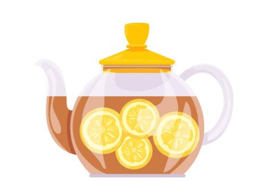 Çaydanlık. Cam çaydanlıkta limon dilimleri ile iç. Sonbahar, sonbahar. Düz vektör clipart, izole edilmiş arkaplan ile illüstrasyon.