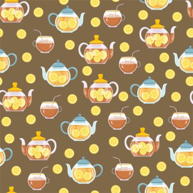 Limonlu, dikişsiz çay. Düz vektör clipart, izole edilmiş arkaplan ile illüstrasyon.