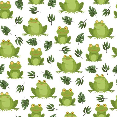 Şirin kurbağalar kusursuz desen. Düz vektör clipart, izole edilmiş arkaplan ile illüstrasyon.