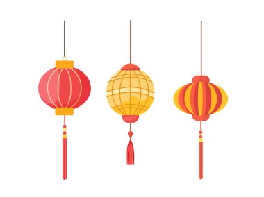 Kırmızı Çin lambaları. Düz vektör clipart, izole edilmiş arkaplan ile illüstrasyon.