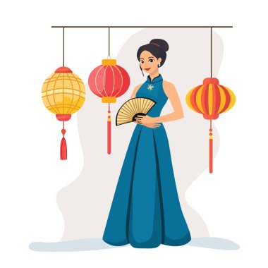 Kırmızı Çin lambaları yanında el yelpazesi olan bir kadın, Asya usulü. Düz vektör clipart, izole edilmiş arkaplan ile illüstrasyon.