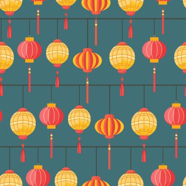 Kırmızı Çin lambaları kusursuz desen. Düz vektör clipart, izole edilmiş arkaplan ile illüstrasyon.