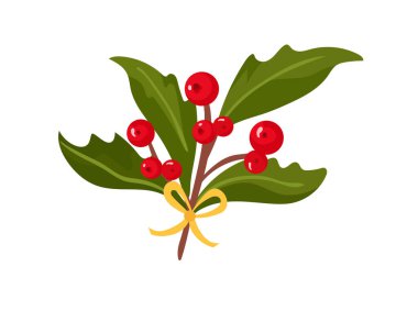 Noel Holly şubesi. Düz vektör clipart, izole edilmiş arkaplan ile illüstrasyon.