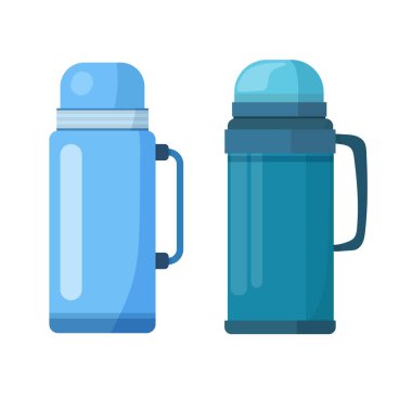 Kamp termosu, orman yolculuğu. Düz vektör clipart, izole edilmiş arkaplan ile illüstrasyon.