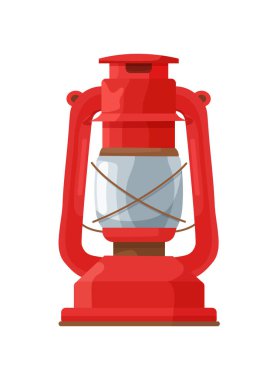 Kırmızı fener, orman yolculuğu, kamp. Düz vektör clipart, izole edilmiş arkaplan ile illüstrasyon.