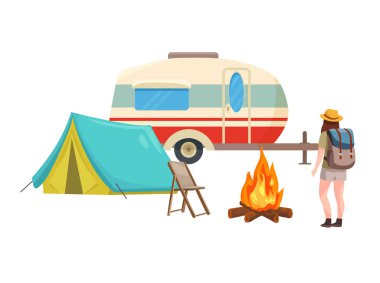 Kamp, orman gezisi. Düz vektör clipart, izole edilmiş arkaplan ile illüstrasyon.