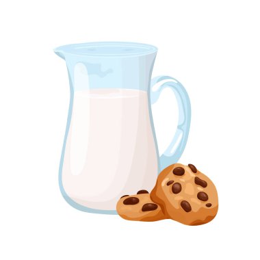 Çikolata parçacıklı kurabiyeli süt. Düz vektör clipart, izole edilmiş arkaplan ile illüstrasyon.