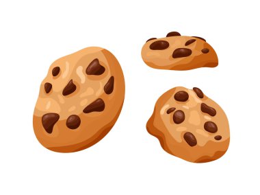 Çikolata parçalı kurabiyeler. Düz vektör clipart, izole edilmiş arkaplan ile illüstrasyon.