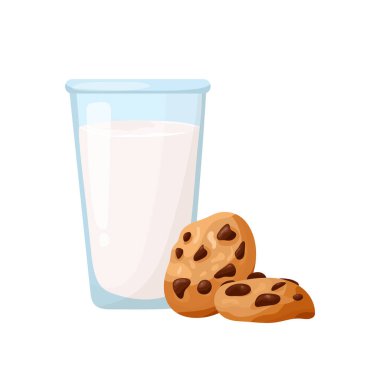 Çikolata parçacıklı kurabiyeli süt. Düz vektör clipart, izole edilmiş arkaplan ile illüstrasyon.