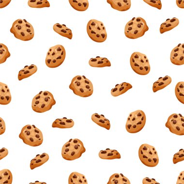 Çikolata parçalı kurabiyeler kusursuz desenli. Düz vektör clipart, izole edilmiş arkaplan ile illüstrasyon.