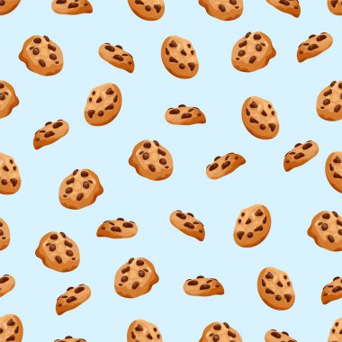 Çikolata parçalı kurabiyeler kusursuz desenli. Düz vektör clipart, izole edilmiş arkaplan ile illüstrasyon.