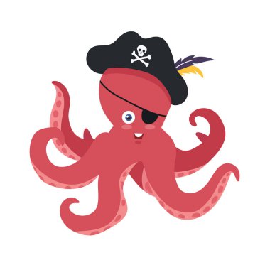 Korsan Ahtapot. Düz vektör clipart, izole edilmiş arkaplan ile illüstrasyon.