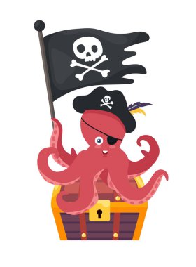 Korsan Ahtapot. Düz vektör clipart, izole edilmiş arkaplan ile illüstrasyon.