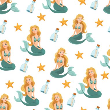Denizkızı desenli. Düz vektör clipart, izole edilmiş arkaplan ile illüstrasyon.