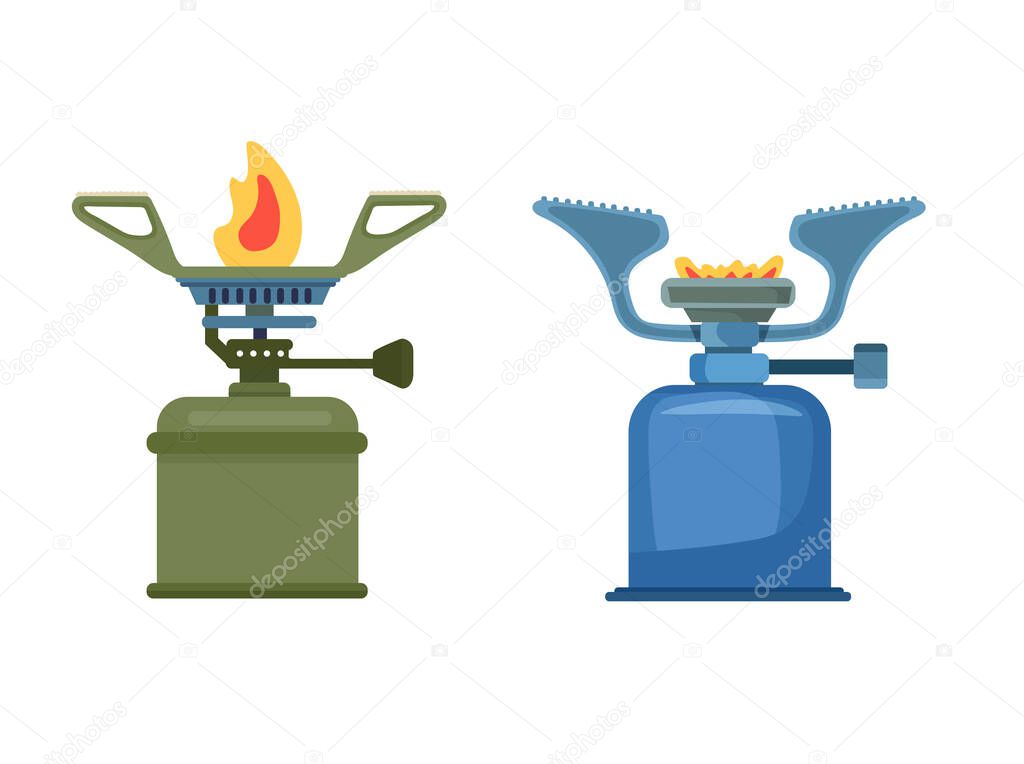 Camping gas burner, Forest travel. Flat vector clipart, illustration with isolated background.