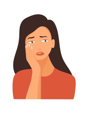 Kadın diş ağrısından muzdarip. Düz vektör clipart, izole edilmiş arkaplan ile illüstrasyon.
