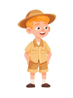 Safari kıyafetli bir çocuk. Düz vektör clipart, izole edilmiş arkaplan ile illüstrasyon.