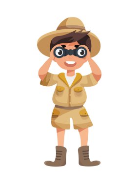 Safari kıyafetli çocuk dürbünle bakıyor. Düz vektör clipart, izole edilmiş arkaplan ile illüstrasyon.