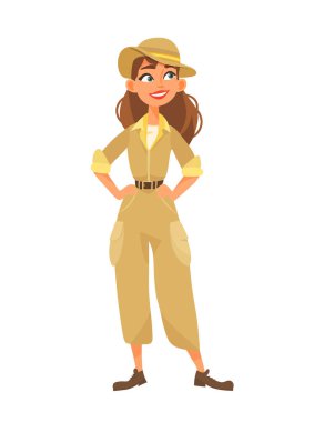 Safari kıyafetli bir kız. Düz vektör clipart, izole edilmiş arkaplan ile illüstrasyon.