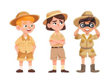 Kız ve erkek safari kıyafeti giymiş. Düz vektör clipart, izole edilmiş arkaplan ile illüstrasyon.
