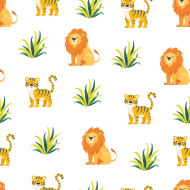 Aslan desenli şirin. Düz vektör clipart, izole edilmiş arkaplan ile illüstrasyon.