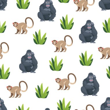 Şirin maymunlar kusursuz desenli. Düz vektör clipart, izole edilmiş arkaplan ile illüstrasyon.