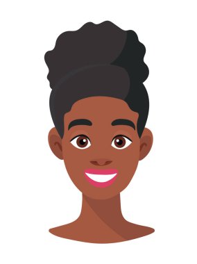 Siyah kadın portresi, yüz. Düz vektör clipart, izole edilmiş arkaplan ile illüstrasyon.