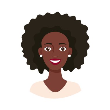 Siyah kadın portresi, yüz. Düz vektör clipart, izole edilmiş arkaplan ile illüstrasyon.