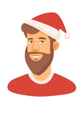 Noel Baba şapkalı genç adam. İzole edilmiş arkaplan ile düz vektör clipart illüstrasyonu.
