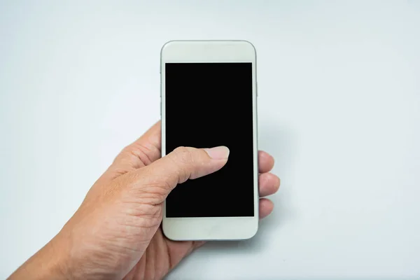 Main Utilisant Téléphone Portable Isolé Blanc — Photo
