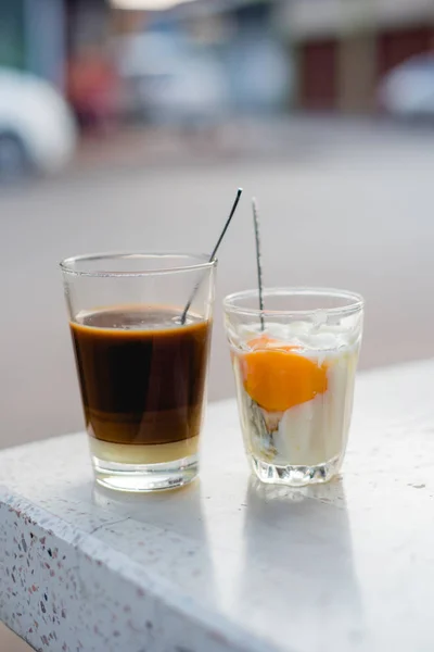 soft boiled egg in glass, hot coffee in glass ,Thai coffee, Vietnam coffee,  Vietnam food, Thai food