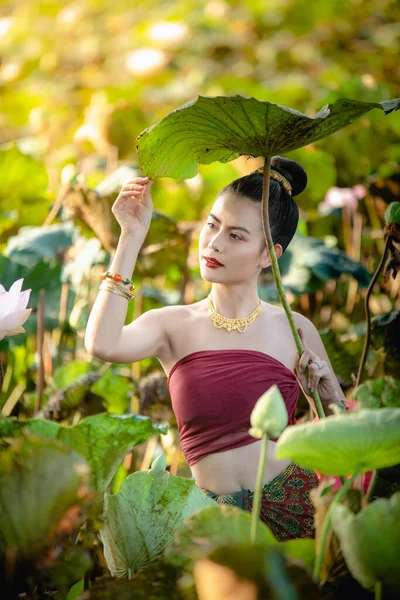 Asyalı kadın nilüfer çiçeği topluyor ve geleneksel Tayland elbiseleri giyiyor.