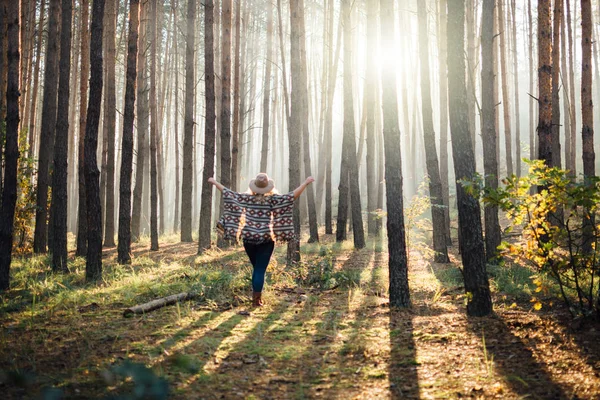 Kvinna Bredbrättad Filt Hatt Och Autentiska Poncho Stående Dimmig Pinjeskog — Stockfoto