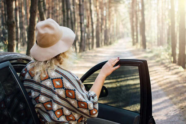 Woman Wide Brimmed Felt Hat Authentic Poncho Standing Opening Car Stock Image