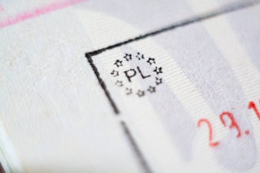 Close-up macro detail of European Union admission stamp clipart