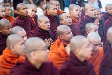 Yangon, Myanmar - Mart 2019: Shwedagon pagoda 'daki resmi tören sırasında Budist rahipler