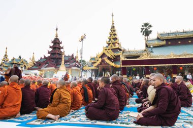 Yangon, Myanmar - Mart 2019: Shwedagon pagoda 'da düzenlenen bağış töreni sırasında Budist rahipler
