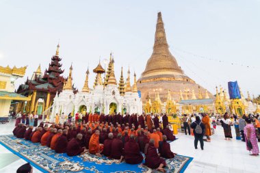Yangon, Myanmar - Mart 2019: Shwedagon pagoda 'da düzenlenen bağış töreni sırasında Budist rahipler