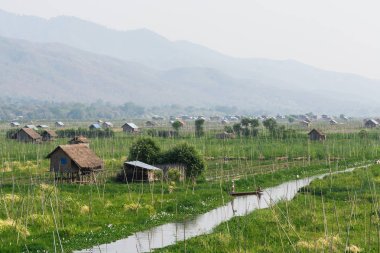 Inle gölü, Myanmar Taunggyi yüzen sebze bahçeleri üzerinde Bambu kulübeler