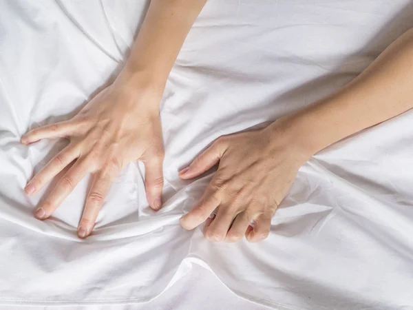 Hands Women Pulling White Sheets Lust Orgasm — Stock Photo, Image