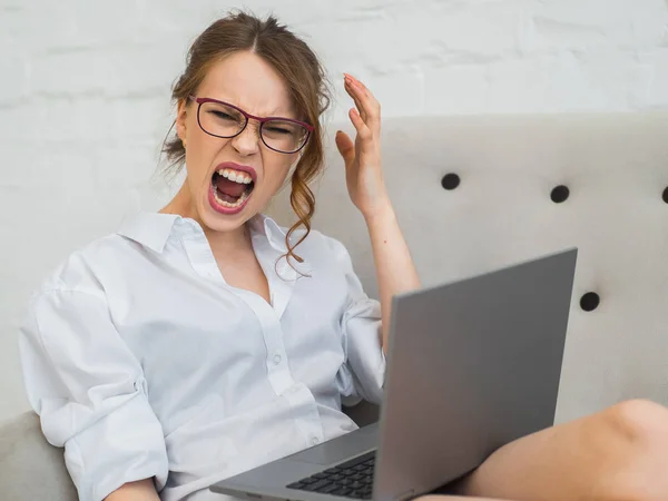 aggressive career woman works at home. Screaming and frustrated woman with laptop