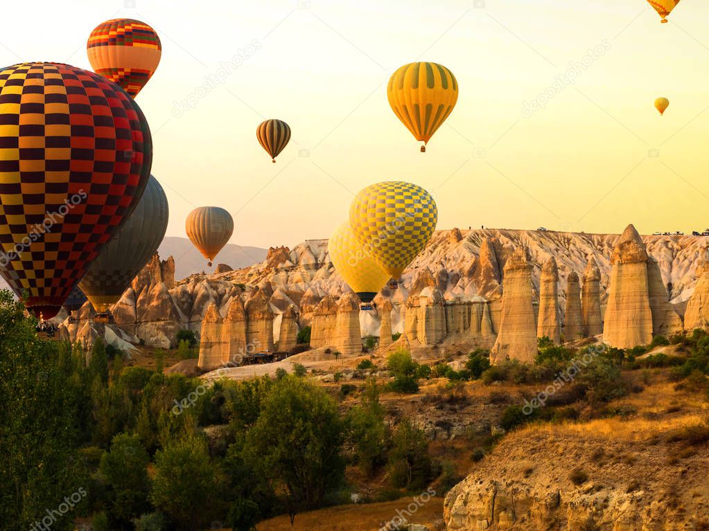 Goreme, Cappadocia, Turkey on sunset. Famous center of balloon fligths.