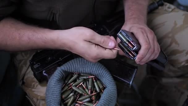 Soldier Loading Bunch Bullets Handgun Magazine — Stock Video