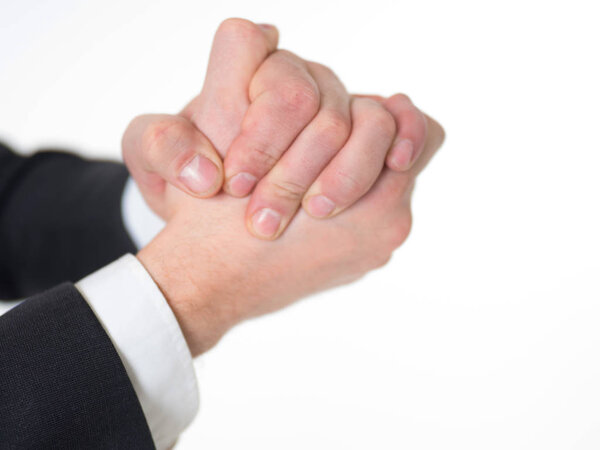 businessman shaking hands. he wear in suit. Isolated on whitr