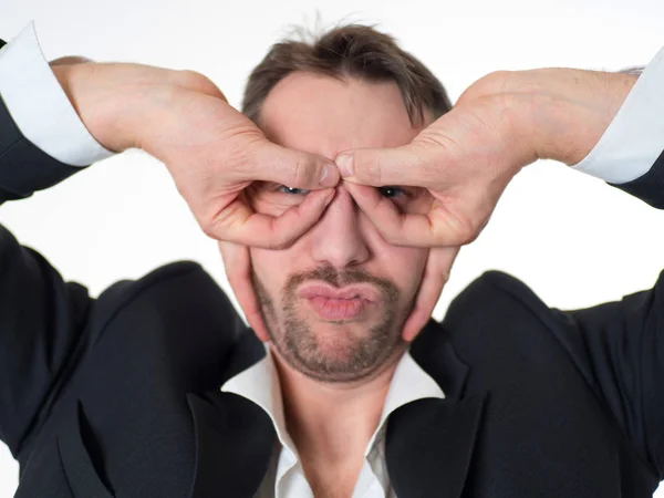 Funny Businessman Glasses Made Fingers Airplane Pilot — Stock Photo, Image