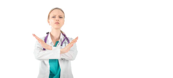 Unga Vackra Kvinnliga Läkare Med Stetoskop Visar Stoppskylt — Stockfoto