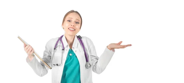 Unga Vackra Kvinnliga Läkare Med Stetoskop Visar Ledsen Tecken — Stockfoto