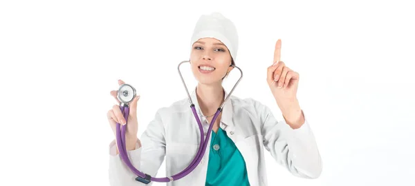 Genç Güzel Kadın Doktor Dikkat Işaret Gösteren Stetoskop Ile — Stok fotoğraf